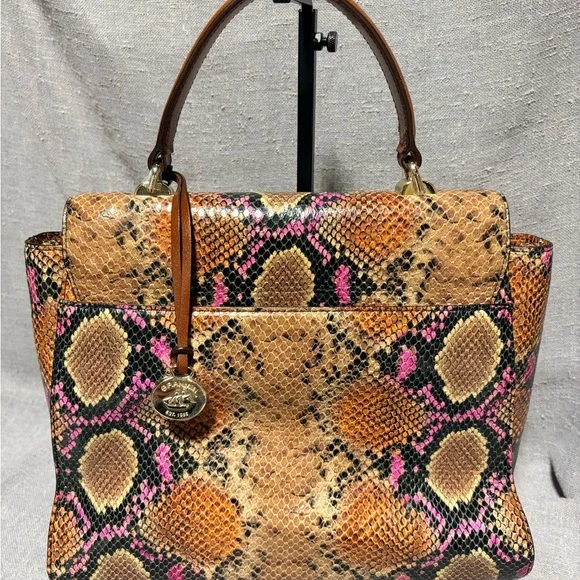 Brahmin Tan Snakeskin Satchel with Pink Accents